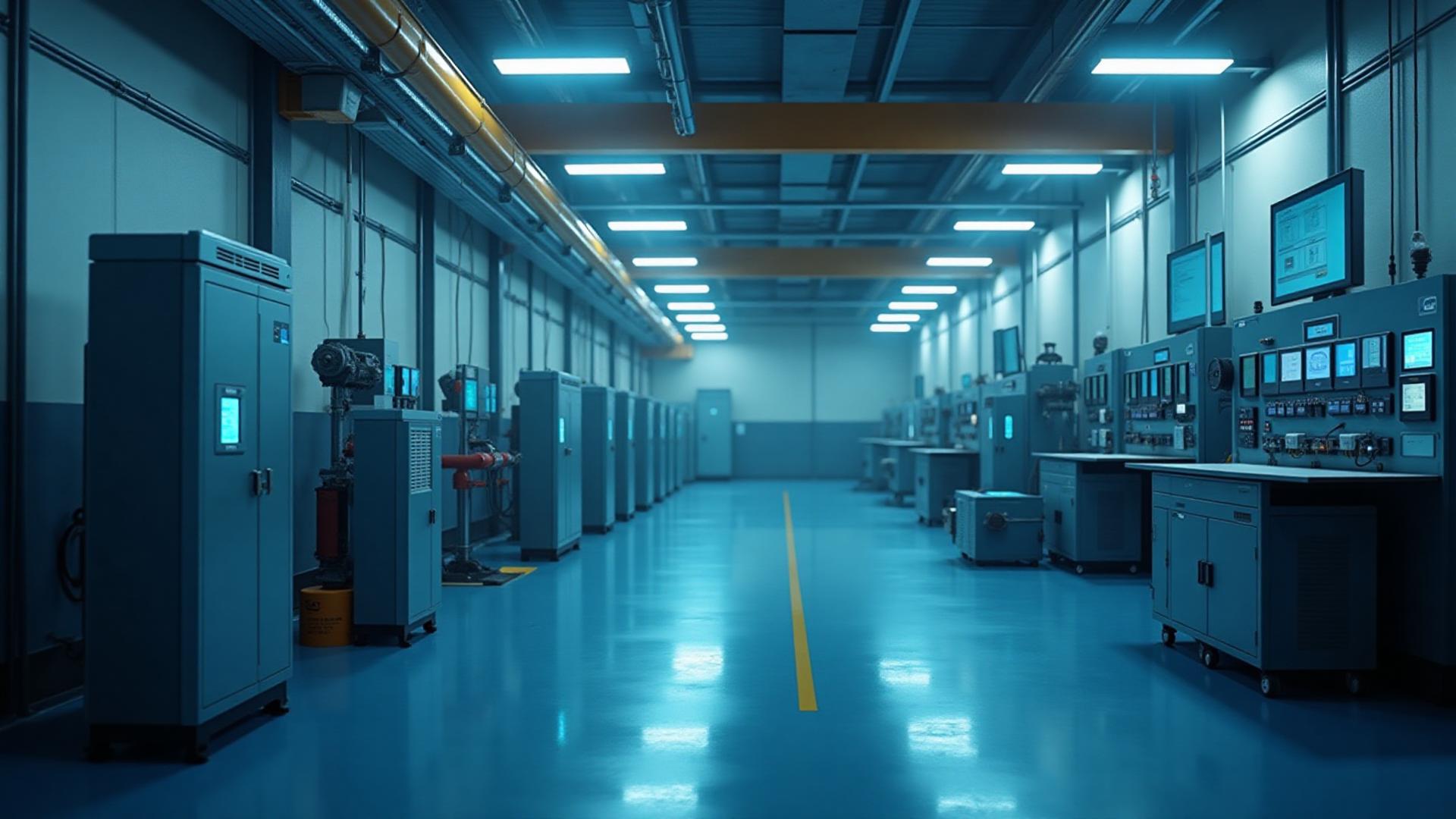 Industrial automation control room with panels, rotating machinery, and plant systems